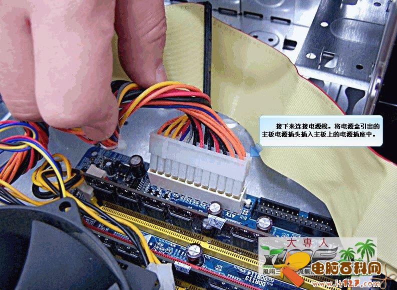 接下来连接电源线,将电源盒引出的主板电源插头插入主板上的电源插座中