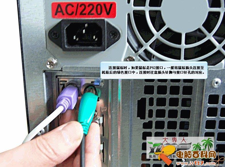 连接鼠标时,如果鼠标是PS2接口,一般将鼠标插头连接至机箱后的绿色接口中,连接时注意插头针脚接口针孔的对应